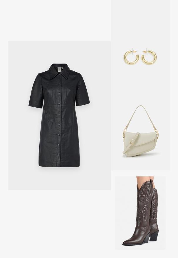 YAS YASSYMNA DRESS - Rochie tip cămașă - black; Bocanci de cowboy din piele maro, cu vârf ascuțit și toc pătrat, având cusături detaliate și accente ridicate pe tijă.; Geantă mică de crem cu un finisaj texturat, curea lungă și ajustabilă, accent cu lanț și închidere cu clapetă. Detalii din hardware aurie.; Cercei cercuri din aur cu un finisaj neted și strălucitor. Design circular cu un mic suport și un spate transparent pentru o purtare sigură.