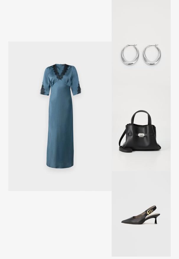 Dlouhé azurové šaty z hladkého saténu, mají V výstřih s černou krajkovou lemem a rukávy po čtvrtinu s krajkovými detaily. Jak jednoduchý design.; Černý slingback vysoký podpatek s špičatou špičkou, hladkým koženým povrchem a zlatým přezkovým akcentem na pásku.; Černá kožená kabelka s texturovaným povrchem, vybavená dvěma horními uchy, odnímatelným ramenním popruhem a stříbrným detailem s uzávěrem.; Pár leštěných stříbrných půlměsíčních náušnic s kloubovými sponami na bílém pozadí.