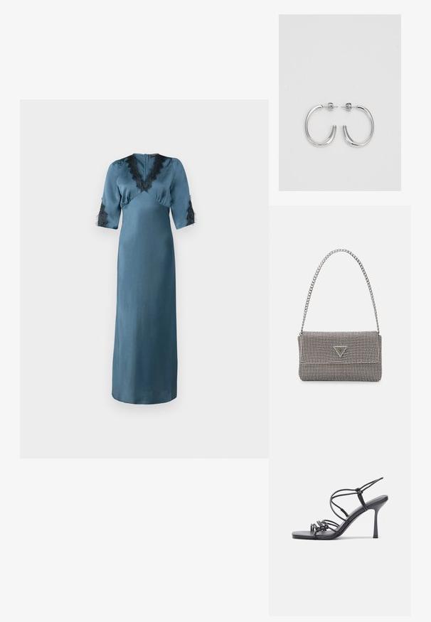 Ilgas žydras sijonas iš lygios satino, turi V formos iškirpimą su juodu nėriniu ir ketvirčio ilgio rankovėmis su nėrinių akcentais. Paprastas dizainas.; Juodos aukštakulnės sandalai pasižymi plonyčiais dirželiais su mazgo dizainu, lygiu kvadratiniu pirštu ir elegantišku stiletto kulnu.; Šviesiai pilka metalinė rankinė su grandinėlės dirželiu, papuošta mažais apvaliais metaliniais smeigėmis ir trikampiu prekės ženklu.; Sidabrinės auskarai žiedai su lygiu, blizgiu paviršiumi. Suapvalinta forma, lengvas dizainas, su uždarymu ant smeigtuko.