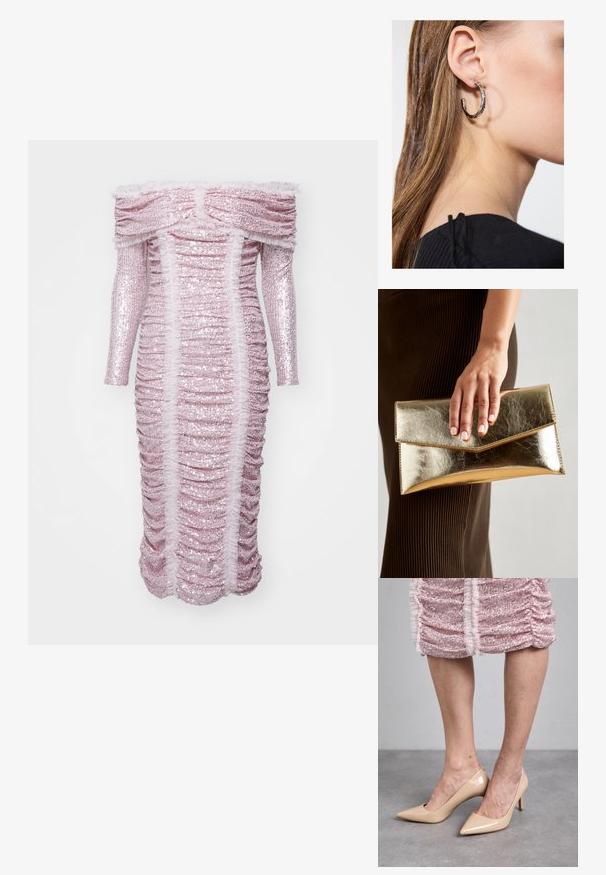 Obleka z nizkimi rameni, ki se prilega telesu, v rožnatih bleščicah, z nabranimi teksturami in nabrano okrasno obrobo okoli ovratnika in ob straneh.; Bež usnjeni salonarji z visokim peto in koničastim nosom. Gladka tekstura z elegantnim oblikovanjem. Oblečeni z roza bleščečo obleko.; Zlatna metalna torbica s glatko teksturo, ki ima trikotno zapiranje. Roka, ki jo drži, ima lepo urejene nohte.; Srebrna obročasta uhana s polirano površino, ki vključuje majhne zlate poudarke in okroglo obliko, nošena na ušesnem lobu.