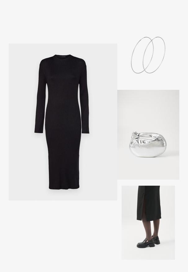 Garais piedurkņu melns ribots adījuma kleita ar apaļu kakla izgriezumu un garumu līdz pusmugurai. Iespējas ietver pieguļošu dizainu un teksturētu virsmu.; Melni ādas apavi ar noapaļotu purngalu, biezām bloku papēžiem un elastīgiem sānu akcentiem, apvienoti ar tumšām zeķubiksēm un melnu svārku ar šķirbu.; Sudraba metāliska poga somiņa ar mīkstu, noapaļotu formu un mezgla augšējo aizdari. Izgatavota no gludas mākslīgās ādas materiāla.; Sudraba gredzenveida auskari ar minimālistisku dizainu. Cirkulāra forma, gluda tekstūra un plāns profils. Vieglu svaru ar spīdīgu apdari.