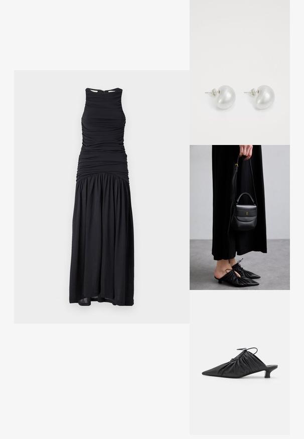 Juodas maksi suknelė su prigludusia raukšlėta krūtine, apvalia iškirpte ir laisvai krentančia sijonu. Pagaminta iš minkštos medžiagos su lygiu paviršiumi. Paslėptas užtrauktukas nugaros pusėje.; Juodos odinės mules su smailiu pirštu, susiraukšlinta tekstūra ir mažais kitten kulniukais. Turi raištelio detalę prie atidarymo.; Maža juoda odinė rankinė su apvalia forma, viršutine rankena ir nuimama dirželiu. Nešiojama su juoda audinio suknele ir juodais klostuotais bateliais.; Sidabriniai perlų auskarai su kreivai suformuota pupelės forma. Lygus, blizgus paviršius, uždaromi segtuku ir atgaline fiksacija.