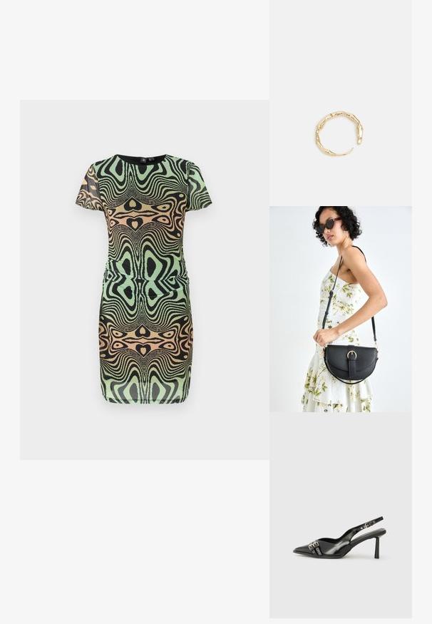 Vestido de manga corta en verde, negro y melocotón con un patrón en espiral. Presenta un diseño ajustado y cuello redondo; hecho de tejido texturizado.; Zapato de charol negro tipo slingback con punta afilada, correas al tobillo con hebillas y herrajes de plata, y un tacón delgado.; Bolso de piel negra con forma curva, correa desmontable y herrajes dorados. El bolso cuenta con una solapa con un detalle de hebilla.; Anillo en tono dorado con un diseño orgánico y retorcido, con una textura suave y extremos cónicos, creando una apariencia moderna y escultórica.