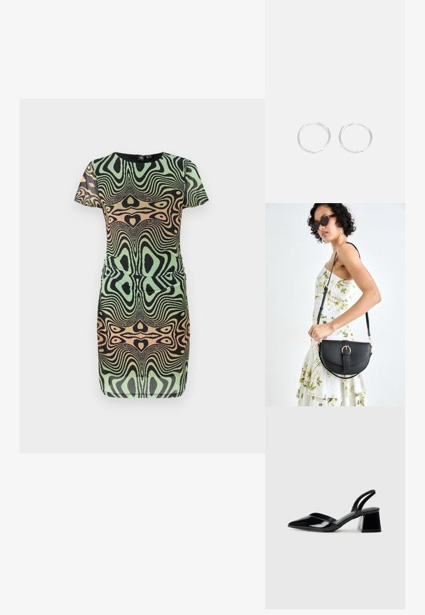 Korte mouw jurk in groen, zwart en perzik met een draaiend patroon. Heeft een getailleerd ontwerp en een ronde hals; gemaakt van gestructureerde stof.; Zwarte gepatineerde leren slingback hakken met een spitse neus en een geometrische blokhak. Kenmerkt zich door een slank, minimalistisch ontwerp en een gladde textuur.; Zwarte leren handtas met een gebogen vorm, afneembare schouderband en gouden hardware. De tas heeft een klep met een gespsluiting.; Zilveren ronde oorbellen met een strak ontwerp, voorzien van een glad oppervlak en zonder zichtbare versieringen. Diameter niet opgegeven.