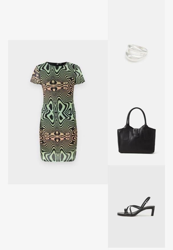 Kurzärmliges Kleid in Grün, Schwarz und Pfirsich mit einem wirbelnden Muster. Hat ein figurbetontes Design und einen runden Ausschnitt; aus strukturiertem Stoff gefertigt.; Schwarze Sandale mit Riemchen, quadratischer Zehenform und niedrigem Blockabsatz. Verfügt über mehrere dünne Riemen und einen verstellbaren Knöchelriemen. Hergestellt aus glattem Leder.; Schwarze Leder-Tote mit glatter Textur, strukturiertem Design, zwei Griffen und einem auffälligen silbernen Schnallen-Detail auf der Vorderseite.; Silberner Doppelring mit einer glatten, polierten Oberfläche. Verfügt über ein fließendes, kurviges Design mit überlappenden Abschnitten für einen modernen Look.