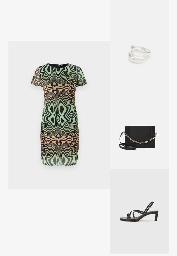 Žalias, juodas ir persikų spalvos trumpų rankovių suknelė su sukimosi raštu. Turi prigludusį dizainą ir apvalią iškirptę; pagaminta iš tekstūruotos medžiagos.; Juodi šlepetės su kvadratiniu pirštu ir žemu bloku kulnu. Yra keli ploni dirželiai ir reguliuojamas kulkšnies diržas. Pagaminti iš lygios odos.; Juodas odinis per petį nešiojamas krepšys turi lygų paviršių, stačiakampio formą ir metalinę grandinėlę priekyje. Pridedama reguliuojama dirželis.; Sidabrinis dvigubas žiedas su lygiu, poliruotu paviršiumi. Pasižymi sklandžiu, kreiptu dizainu su persipinančiomis dalimis, suteikiančiomis modernų išvaizdą.