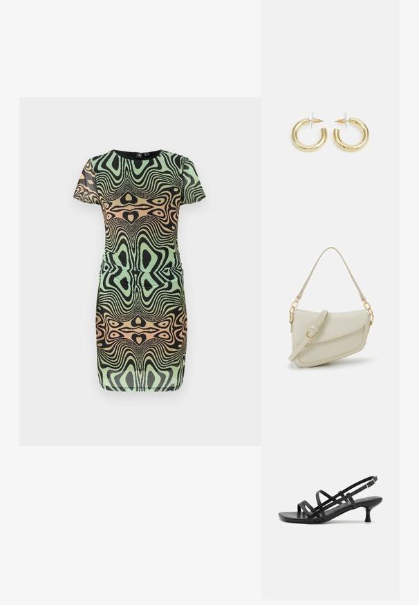 Krátke rukávy, zelené, čierne a broskyňové šaty so vírivým vzorom. Majú priliehavý strih a okrúhly výstrih; vyrobené z textúrovanej látky.; Čierne sandále na podpätku s viacerými prekríženými remienkami. Hladký materiál, špicatá špička a úzky podpätok. Nastaviteľný remienok okolo členka s prackou.; Malá krémová kabelka s textúrovaným povrchom, dlhým nastaviteľným popruhom, reťazovým detailom a klopovým uzáverom. Zlaté kovové prvky.; Zlaté kruhové náušnice s hladkým, lesklým povrchom. Cirkulárny dizajn s malým steblom a jasným záznamom pre bezpečné nosenie.
