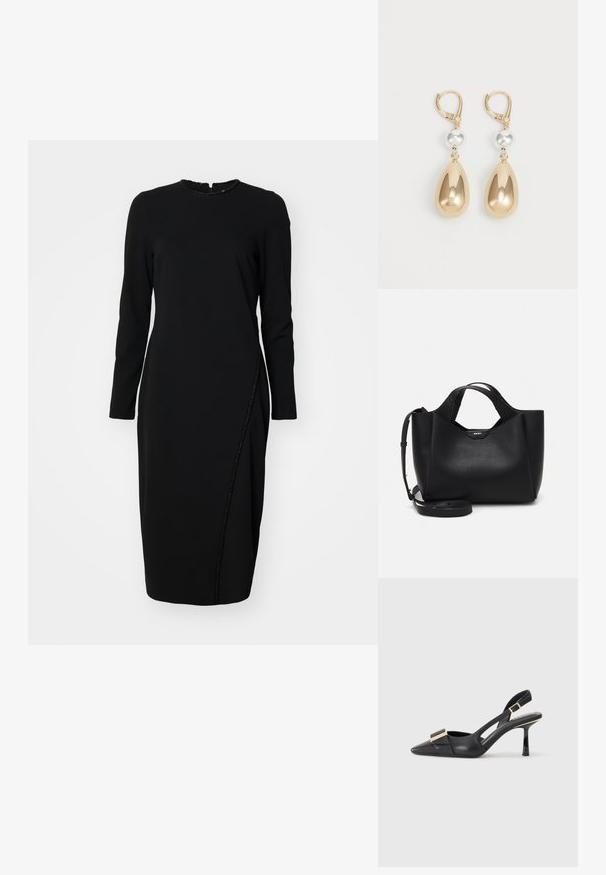 Melna garās piedurknes kleita ar apaļu izgriezumu un teksturētu apdari. Iekļauts sānu paneļa ar pērlīšu akcentiem, lai pievienotu sīkumu.; Melnas ādas slingback kurpes ar smailu purngalu, slaidu papēdi un zeltītām detaļām uz priekšas daļas. Gluda tekstūra un strukturēts dizains.; Melna ādas rokassomu ar teksturētu apdari, stūrainu formu, divām rokturiem un regulējamu plecu siksnu. Iezīmē DKNY logotipa akcentu.; Zeltaini pilienu auskari ar asaru formu, piedāvājot spīdīgu metālisku apdari un sudraba krāsas pērlīti kā akcentu.