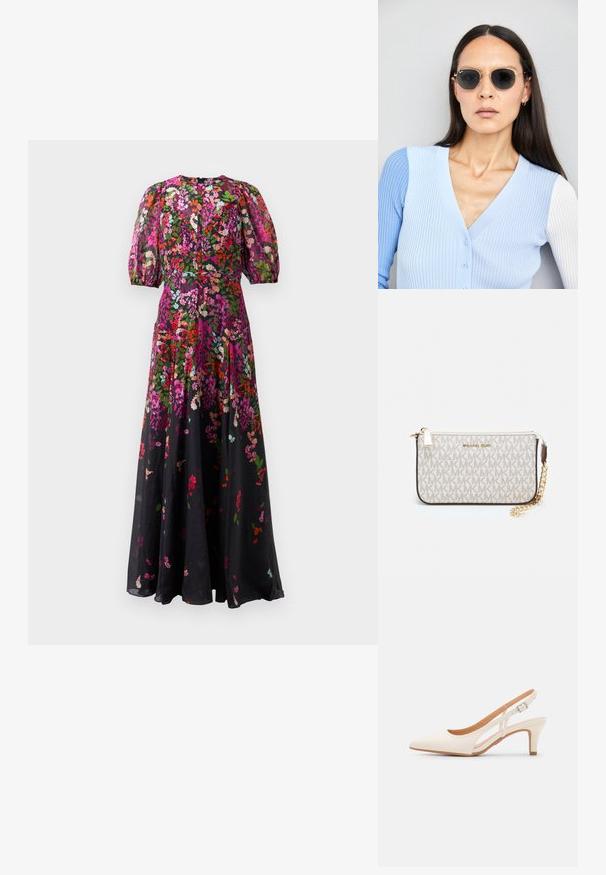 Vestido maxi floral con mangas cortas abullonadas, cintura entallada y patrones de flores multicolores en rosa, rojo, verde y púrpura sobre un fondo negro.; Zapato de tacón de tirantes blanco con punta afilada, material superior liso, tacón bajo y diseño con corte lateral con correa ajustable.; Gafas de sol redondas con lentes oscuros y montura dorada. El modelo lleva un cárdigan de canalé azul claro con botones y mangas blancas en contraste.; Monedero de muñeca Michael Kors en lona recubierta beige que presenta un patrón repetido del logo MK, herrajes dorados y una correa de cadena desmontable.