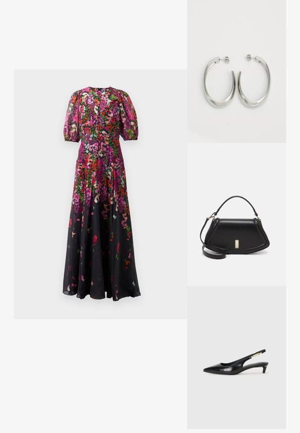 Pitkä kukkamekko, jossa on puffsatut lyhyet hihat, istuva vyötärö ja monivärisiä vaaleanpunaisia, punaisia, vihreitä ja purppuran kukkakuoseja mustalla kankaalla.; Mustat nahkaiset slingback-korkokengät, joissa on terävä kärki, ohuet korot ja kultasävytteinen yksityiskohta säädettävässä hihnassa. Silkkinen pinta.; Mustalla nahkalaukulla, jossa on jämäkkä muotoilu, lyhyt malli, yläkahva ja kultaiset yksityiskohdat. Säädettävä olkahihna sisältyy.; Hope hopeista, joissa on sileä, kaareva muotoilu. Varustettu kiiltävällä metallipinnoitteella ja nappikiinnityksellä. Ei näkyviä kuvioita tai koristeluja.