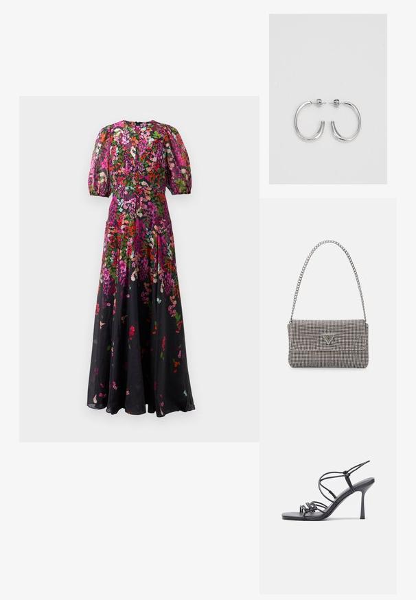 Blumen-Maxi-Kleid mit puffierten kurzen Ärmeln, taillierter Passform und mehrfarbigen Blumenmustern in Pink, Rot, Grün und Lila auf schwarzem Stoff.; Schwarze, hochhackige Sandalen mit dünnen Riemen und einem geknoteten Design, einer glatten, rechteckigen Zehenpartie und einem eleganten Stiletto-Absatz.; Hellegraue metallische Handtasche mit einer Kettenriemen, verziert mit kleinen kreisförmigen metallic Nieten und einem dreieckigen Markenlogo.; Silberne Creolen mit einer glatten, glänzenden Oberfläche, einer gebogenen Form und einer Steckverschluss. Minimalistisches Design mit modernem Finish.
