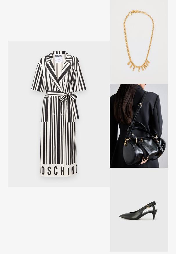 Fekete és fehér függőleges csíkos ruha rövid ujjal, övvel a deréknál, dupla gombokkal és elülső zsebekkel. A szegélyén "MOSCHINO" márkázás található.; Fekete bőr slingback szivattyú hegyes orral, kis sarokkal és csat részlettel a bokapánton. Simaság, minimalista dizájn.; Fekete bőr kézitáska lekerekített formával, aranyhardverrel és állítható pántokkal. Texturált fekete bőr és bézs részletek díszítik.; Arany lánc nyaklánc, amelyen az "MOSCATO" szót formázó fityegők találhatók. Simára csiszolt felület, húzós kapocs és különböző méretű láncszemek.