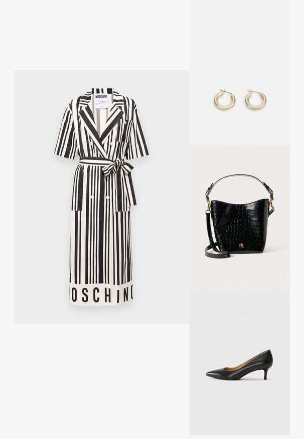 Črno-bela obleka z navpičnimi črtami, kratkimi rokavi, pasom, dvema gumboma in sprednjima žepoma. Na robu je logo "MOSCHINO".; Črne usnjene črpalke s koničastim nosom, nizko peto in gladko teksturo. Imajo rahlo odprtino spredaj in minimalno opremo zadaj.; Črna torbica iz usnja z embosiranim krokodiljim vzorcem, ukrivljene oblike, z zlatimi akcenti, nastavljivim trakom in podrobnostjo logotipa spredaj.; Lauren Ralph Lauren BASIC SMALL HOOP - Uhani - gold-coloured