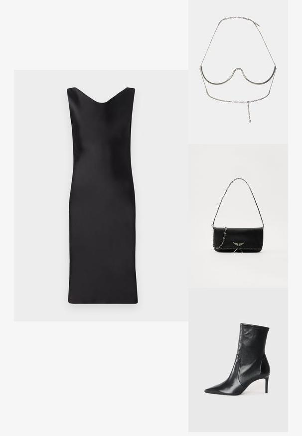 Črna satenska brezrokavna obleka z V-izrezom, oprijetim silhueto in dolžino pod koleni. Gladka tekstura in minimalistična zasnova.; Črne gležnjarje iz gladke usnje, s koničastim nosom, oprijetim okovjem in ozkim visokim peto. Minimalističen dizajn brez vidnih kovinskih delov.; Črna usnjena torbica s srebrnim verižnim ročajem, ki ima okrasne krilate poudarke in belo šivanje ob spodnjem šivu.; Cult Gaia ASHA BODY JEWELRY - Drugi dodatki - bright shiny silver-coloured