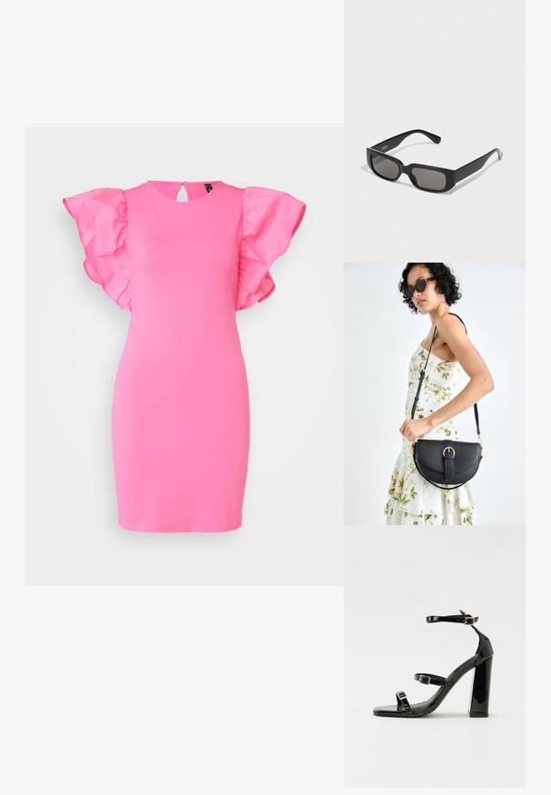 Jól szabott rózsaszín ruha puffos ujjakkal, sima anyagból készült. Kerek nyakkivágással és hátul kulcslyuk részlettel rendelkezik.; Fekete lakk magas sarkú szandál négyzet alakú orral, bokapántokkal és ezüst csatokat tartalmaz. Masszív blokk sarka a stabilitásért felel.; Fekete téglalap formájú napszemüveg, szürke árnyalatú lencsékkel, sima műanyagból készült. Minimalista kialakítással rendelkezik, egyenes karokkal és diszkrét márkajelzéssel.; Fekete bőrtáska ívelt formával, levehető pánttal és arany színű fémrészekkel. A táskán egy csattal díszített fedél található.