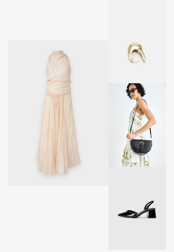 Bec + Bridge ANISE HIGH NECK DRESS - Proginė apranga - butter/plum; Juodos lakuotos odinės šlepetės su smailiu pirštu ir geometriniu bloko kulnu. Turi elegantišką, minimalistinį dizainą ir lygų paviršių.; Juodas odinis krepšys su išlenkta forma, nuimamu dirželiu ir auksiniais detalėmis. Krepšys turi kilpą su sagtimi.; Aukso tono metalinės auskarai su stilingu, kreiviu dizainu. Išsiskiria ryškiu smailiu pavidalu, poliruota paviršiumi ir užsegimu su vyriu.