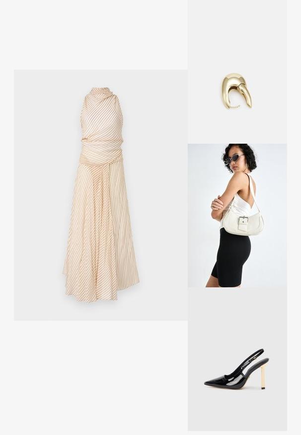 Bec + Bridge ANISE HIGH NECK DRESS - Svečana odjeća - butter/plum; Crna lakirana kožna cipele s visokom petom, otvorenom petom, s šiljastim vrhom i zlatnim četvrtastim detaljem na peti. Sadrži podesivu kopču oko gležnja.; Bijela kožna torbica s zakrivljenim oblikom, podesivim remenom i malim detaljem kopče. Model nosi usklađeni crni outfit.; Zlatne metalne naušnice s elegantnim, zakrivljenim dizajnom. Imaju karakterističan šiljast oblik, poliranu površinu i zatvaranje na šarku.