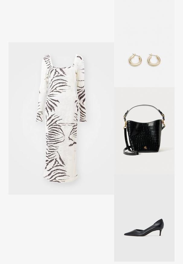 Šaty s dlouhými rukávy z bílého materiálu s černým zebrovým vzorem, s čtvercovým výstřihem a rovnou siluetou.; Černá kožená lodička s špičatou špičkou a nízkým podpatkem. Má hladkou texturu a jemný lesk. Přední část je otevřená pro zvýraznění detailu.; Černá kožená taška s krokodýlím vzorem, zakřiveného tvaru, se zlatými kovovými akcenty, nastavitelným popruhem a logem na přední straně.; Lauren Ralph Lauren BASIC SMALL HOOP - Náušnice - gold-coloured