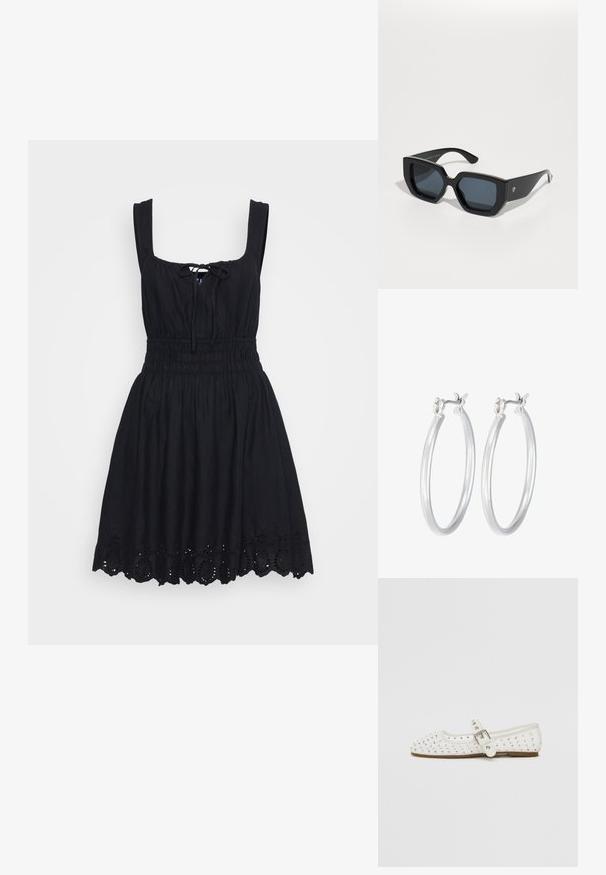 Črna brezrokavna obleka s kvadratnim izrezom, detajlom zavezovanja spredaj, elastičnim pasom in vezenim valovitim robom. Iz bombažnega ali lanenega materiala.; Bela ravna čevlja s koničastim nosom, okrašena s srebrnimi žebljički, ima zaponko preko instep-a in svetlo rjavo podplato.; Črne velike sončne očala z geometrijskim dizajnom, pravokotnimi lečami in sijočo površino. Brez vidne blagovne znamke spredaj.; Srebrni obroči za ušesa z gladko, polirano površino. Okrogla oblika in varna zaponka s klikom. Lahka zasnova, primerna za vsakodnevno nošenje.
