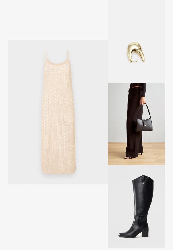 Pletena haljina u svijetlo bež boji, sa trakama za rame i otvorenim uzorkom od heklanog rada. Srednje dužine, s ležernim krojem.; Crne kožne čizmice do koljena sa četvrtastim vrhom i blok petom. Imaju bočni šav i dekorativni metalni detalj na vrhu.; Crna torba s oblikom koji sadrži strukturu, glađu teksturu i metalnu kopču. Uparena s širokim crnim hlačama i sandalama na otvorenom s drvenog poda.; Zlatne metalne naušnice s elegantnim, zakrivljenim dizajnom. Imaju karakterističan šiljast oblik, poliranu površinu i zatvaranje na šarku.