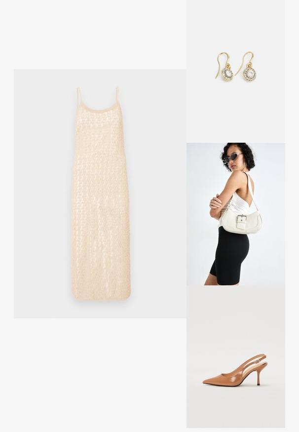 Stickad klänning i ljusbeige färg, med spaghettiaxlar och ett öppet virkade mönster. Halvlång med lös passform.; Tåspets slingback-häl i ett slätt, glansigt brunt material. Har en kurvad utskärning och en smal stilettklack. Silverdetalj med spänne.; Vit läderhandväska med en böjd form, justerbar rem och en liten spänndetalj. Modellen bär en åtsittande svart outfit.; Guldtonade örhängen med ovalformade klara kristaller omgivna av mindre klara stenar, med en krokdesign för säker användning.