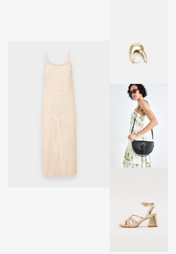 Pletené šaty v světle béžové barvě, s ramínky na tenké cívky a otevřeným vzorem háčkování. Střední délky s volným střihem.; Zlaté metalické sandály na podpatku s páskovým designem, čtvercovým blokovým podpatkem a nastavitelným kotníkovým popruhem se sponou. Hladký povrch.; Černá kožená kabelka s křivkovým tvarem, odnímatelným popruhem a zlatými detaily. Kabelka má klopu s přezkou.; Náušnice ve zlatém tónu z kovu s elegantním zakřiveným designem. Vyznačují se jedinečným špičatým tvarem, lesklým povrchem a závěsem na kloub.