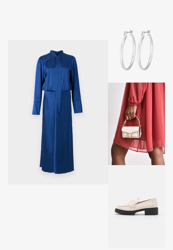 Saténové modré šaty s dlhými rukávmi, vysokým golierom, zúženým pásom a sukňou po zem s bočným rozparkom.; Svetlo béžové kožené mokasíny s prešitým predom a textúrovaným čiernym platformovým podpätkom. Vlastnosti zahŕňajú zakrivený dizajn a mierne zvýšenie.; Biely kožený kabelka s obdĺžnikovým tvarom, zlatými kovovými doplnkami a krátkym reťazovým držadlom, držaná v ruke, v kombinácii s červenými šatami.; Strieborné kruhové náušnice s hladkým, lesklým povrchom. Kolový tvar a bezpečné klikanie na uzatváranie. Ľahký dizajn vhodný na každodenné nosenie.