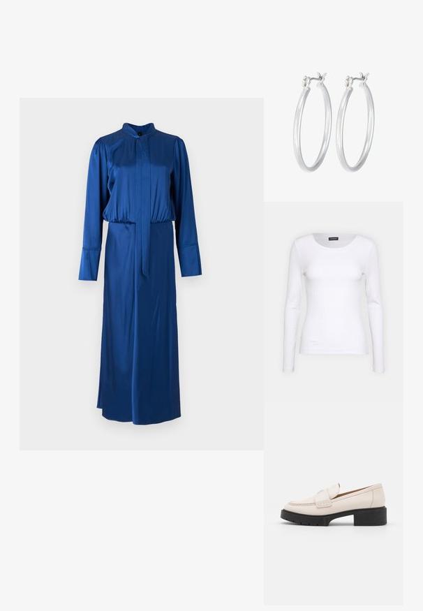 Satin blaues Kleid mit langen Ärmeln, hohem Kragen, tailliertem Bund und einem bodenlangen Rock mit seitlicher Schlitze.; Weißes geripptes Langarmoberteil mit Rundhalsausschnitt. Aus einem dehnbaren Stoff gefertigt, der den Körper umschmeichelt. Verfügt über dezente horizontale Streifen.; Hellebeige Lederloafers mit einer gesteppten Vorderseite und einem strukturierten schwarzen Plateauabsatz. Merkmale ein geschwungenes Design und eine leichte Erhöhung.; Silberne Creolen mit einer glatten, polierten Oberfläche. Runder Form und sicherem Klickverschluss. Leichtes Design, geeignet für den täglichen Gebrauch.
