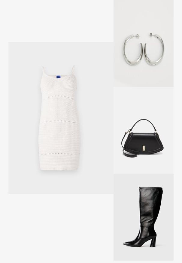 White knit dress featuring thin straps, a fitted design, textured pattern, and small openings in horizontal lines throughout.; Knee-high black leather boot with a pointed toe, smooth texture, and a chunky heel. Features a zipper detail at the back.; Black leather handbag with a structured design, featuring a cropped shape, top handle, and gold hardware accent. Adjustable shoulder strap included.; Silver hoop earrings with a smooth, curved design. Features a shiny metallic finish and stud closure. No visible patterns or accents.