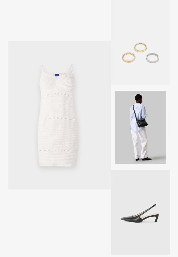 Rochie tricotată albă cu bretele subțiri, design ajustat, model texturat și deschideri mici dispuse pe linii orizontale în întreaga țesătură.; Pantof cu toc mic, cu vârf ascuțit și slingback, realizat din piele netedă, având un design decupat pe lateral pentru respirabilitate.; Geantă de umăr din piele neagră cu o textură moale, formă triunghiulară și curea ajustabilă, asortată cu o bluză cu dungi albastre deschise și pantaloni albi.; Trei inele din metal: unul roz aurie, unul auriu cu accente texturate și unul argintiu, toate cu branding gravat pe banda interioară.