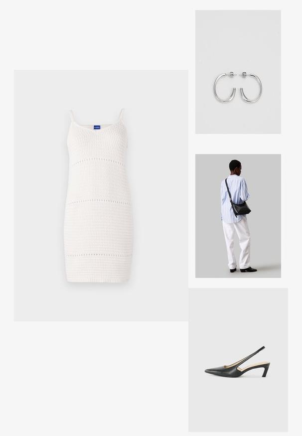 Weißes Strickkleid mit dünnen Trägern, figurnaher Passform, strukturiertem Muster und kleinen Öffnungen in horizontalen Linien.; Schwarzer spitz zulaufender Slingback-Schuh mit niedrigem Absatz, der aus glattem Leder gefertigt ist und seitliche Ausschnitte für Atmungsaktivität aufweist.; Schwarze Leder-Umhängetasche mit weicher Textur, dreieckiger Form und verstellbarem Tragegurt, kombiniert mit einem hellblauen gestreiften Hemd und weißen Hosen.; Silberne Creolen mit einer glatten, glänzenden Oberfläche. Abgerundete Form, leichtes Design, mit einer Steckverschluss.