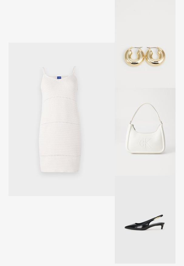 Weißes Strickkleid mit dünnen Trägern, figurnaher Passform, strukturiertem Muster und kleinen Öffnungen in horizontalen Linien.; Schwarze Leder-Slingback-Pumps mit spitzem Schuhblatt, ausgestattet mit einem schlanken Absatz und einem goldfarbigen Akzent am verstellbaren Riemen. Glatte Textur.; Weiße Lederhandtasche mit abgerundeter Form, ausgestattet mit einem geprägten "CK"-Logo auf der Vorderseite und einem Einzel-Schultergurt. Reißverschluss oben.; Goldene Creolen mit einem glatten, abgerundeten Design und einer glänzenden Oberfläche, ausgestattet mit einem Verschluss zur Sicherung. Mit "DKNY" graviert.