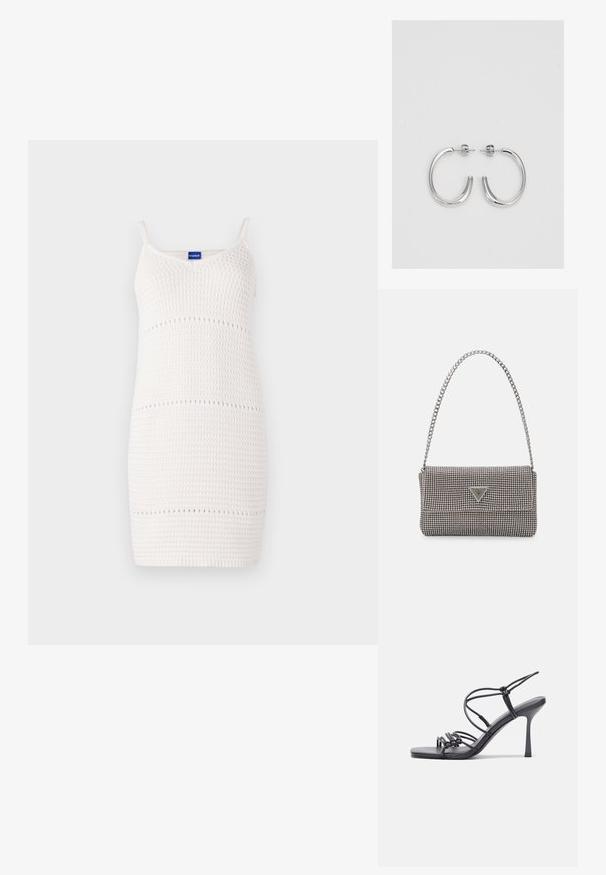 Balta megztinė su plonomis petnešėlėmis, prigludusia forma, tekstūruotu raštu ir mažomis tarpinėmis horizontaliomis linijomis.; Juodos aukštakulnės sandalai pasižymi plonyčiais dirželiais su mazgo dizainu, lygiu kvadratiniu pirštu ir elegantišku stiletto kulnu.; Šviesiai pilka metalinė rankinė su grandinėlės dirželiu, papuošta mažais apvaliais metaliniais smeigėmis ir trikampiu prekės ženklu.; Sidabrinės auskarai žiedai su lygiu, blizgiu paviršiumi. Suapvalinta forma, lengvas dizainas, su uždarymu ant smeigtuko.
