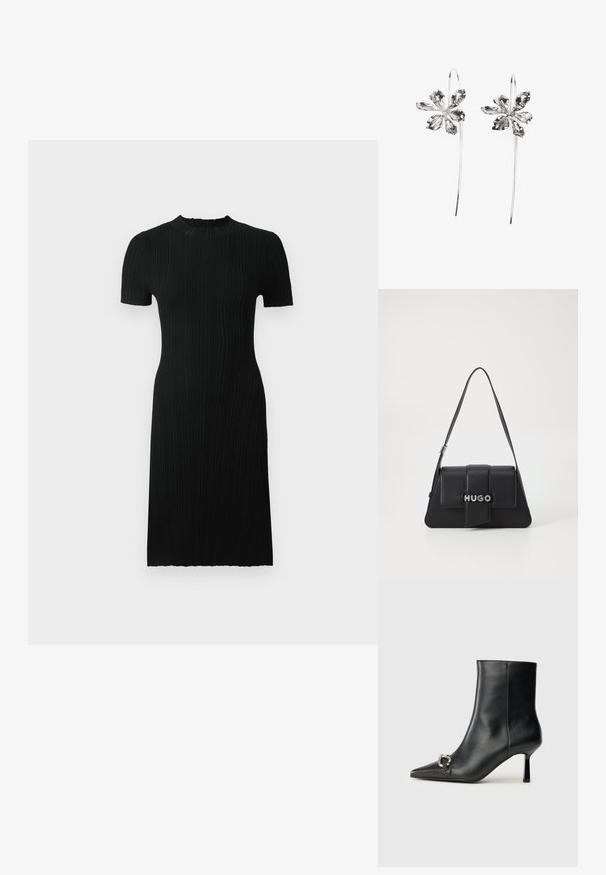 Schwarzes, geripptes Kleid mit kurzen Ärmeln, rundem Ausschnitt, figurnaher Silhouette und knielanger Länge. Hergestellt aus strukturiertem Stoff mit vertikalen Linien.; Schwarze Leder-Stiefelette mit spitzer Zehe, schlankem, mittelhohem Absatz und silberner Schnalle seitlich vor einem schlichten Hintergrund.; Schwarze Lederhandtasche mit dreieckiger Form, ausgestattet mit einem vorderen Klappenverschluss, silbernem Hardware und dem geprägten Logo "HUGO." Eine Tragegurte.; Silberne blumenförmige Ohrringe mit strukturiertem Finish, die lange Haken und blütenblattartige Details für ein filigranes Design aufweisen.