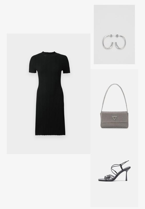 Juodas raukšlėtas suknelė su trumpomis rankovėmis, apvaliu iškirpimu, prigludusia siluetu ir iki kelių ilgiu. Pagaminta iš tekstūruoto audinio su vertikaliomis linijomis.; Juodos aukštakulnės sandalai pasižymi plonyčiais dirželiais su mazgo dizainu, lygiu kvadratiniu pirštu ir elegantišku stiletto kulnu.; Šviesiai pilka metalinė rankinė su grandinėlės dirželiu, papuošta mažais apvaliais metaliniais smeigėmis ir trikampiu prekės ženklu.; Sidabrinės auskarai žiedai su lygiu, blizgiu paviršiumi. Suapvalinta forma, lengvas dizainas, su uždarymu ant smeigtuko.