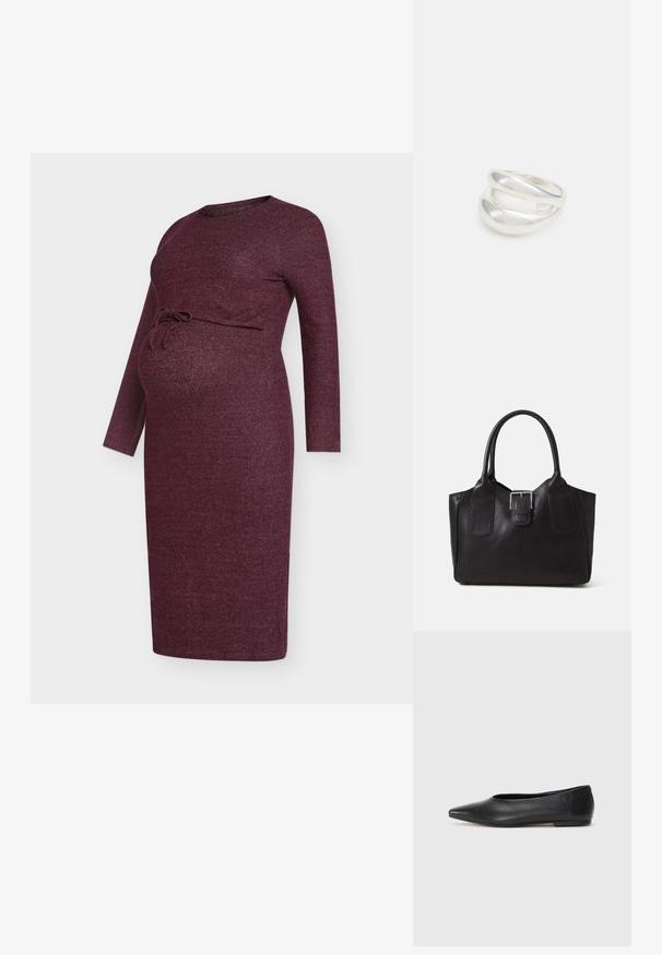 Maternity dress in burgundy, made from a textured knit fabric, features long sleeves and a front tie closure under the bust.; Black leather ballet flat, pointed toe, minimalistic design, smooth texture, low-profile heel, no visible hardware or embellishments.; Black leather tote bag with smooth texture, structured shape, two handles, and a prominent silver buckle detail on the front.; Silver double-band ring with a smooth, polished surface. Features a fluid, curved design with overlapping sections for a modern look.