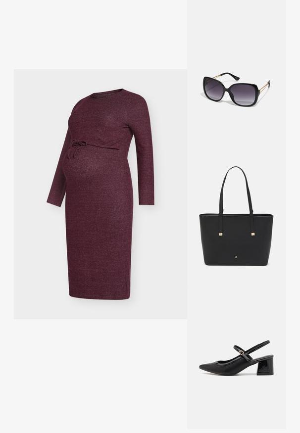 Gravidklänning i bordeaux, tillverkad av ett strukturerat stickat tyg, har långärmar och knytband framtill under bysten.; Svarta lackläder slingback-klackar med spetsig tå, en rundad utskärning och en blockklack. Utsmyckad med en spänne i guldton.; Svarta överdimensionerade solglasögon med gradientlinser, tjocka bågar och kedjedetaljer i guldton vid tempelarmarna.; Svart tote-väska i syntetmaterial, med en enkel rektangulär design, gyllene fyrkantiga detaljer och dubbla handtag.