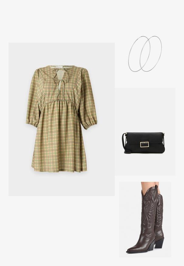 Kratke rokave obleka v zeleni karirasti vzorci s svetlo rjavimi detajli, s trakom za vrat, smokanimi paneli in razširjenim krojem za udobno prileganje.; Rjave usnjene kavbojske čevlje z ostrim nosom in blok peto, ki vsebujejo podrobno šivanje in dvignjene dodatke na zgornjem delu.; Črna usnjena torbica na preklop z zlato kovinsko zaponko. Vključuje črn trak in eleganten, minimalističen dizajn.; Srebrne uhane v obliki obroča z minimalističnim dizajnom. Krožna oblika, gladka tekstura in tanek profil. Lahki s poliranim zaključkom.