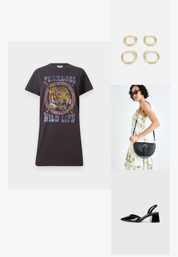 Melna kokvilnas t-kreka ar krāsainu tīģera grafiku un tekstu "NEBAIDIES NO SAVAS DZĪVES". Apaļš kakls un īsas piedurknes, brīvs piegriezums.; Melna lakota āda ar atvērto papēdi, ar smailu purngalu un ģeometrisku blokpapēdi. Iezīmējas elegants, minimāls dizains un gluda tekstūra.; Melnas ādas rokassoma ar izliekta formu, noņemamu siksnu un zelta aksesuāriem. Somai ir vāciņš ar sprādzes detaļu.; Zelta gredzenu auskari, četri gabali, gluda virsma, noapaļota forma, dažādu izmēru, ar eņģu aizdari ērtai valkāšanai.