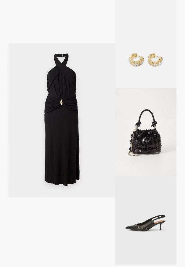Vestido maxi preto com decote halter e corpete torcido. Apresenta detalhes franzidos e um accento dourado na cintura. Textura de tecido suave.; Sapato de salto tipo slingback em couro preto com bico pontiagudo, salto pequeno e detalhes metálicos decorativos ao longo da abertura frontal. Textura suave.; Mala mini preta de lantejoulas com uma alça texturizada em nó e corrente prateada. Forma arredondada com parte superior pregueada e detalhes reflexivos.; Brincos de argola dourados com um design texturizado e três cristais transparentes em um lado, oferecendo uma estética geométrica moderna.