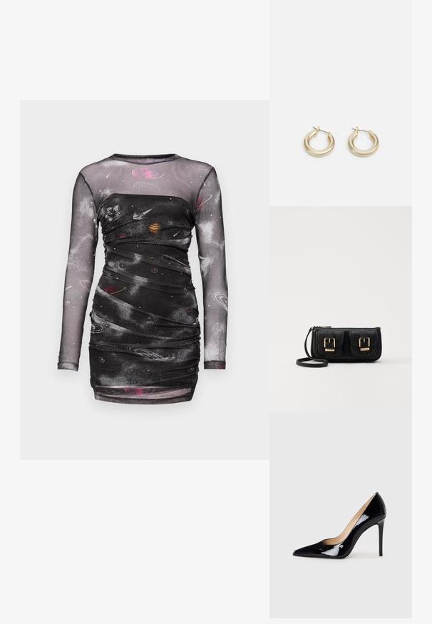 Juodas ilgomis rankovėmis suknelė su erdvės tema, kuri yra papuošta planetomis ir žvaigždėmis. Pagaminta iš permatomo, raukšlėto audinio su prigludusia siluetu.; Juodas lakinės odos aukštakulnis batelis su smailiu priekiu ir elegantiška siluetu. Pasižymi lygiu, blizgiu paviršiumi ir siauru stiletto kulnu.; Juodas odinis per petį nešiojamas krepšys su dviem priekiniais kišenėmis, auksiniais sagtimis, užtrauktuko uždarymu ir siauromis petnešomis. Textūruota paviršius ir kompaktiškas stačiakampis formatas.; Lauren Ralph Lauren BASIC SMALL HOOP - Auskarai - gold-coloured