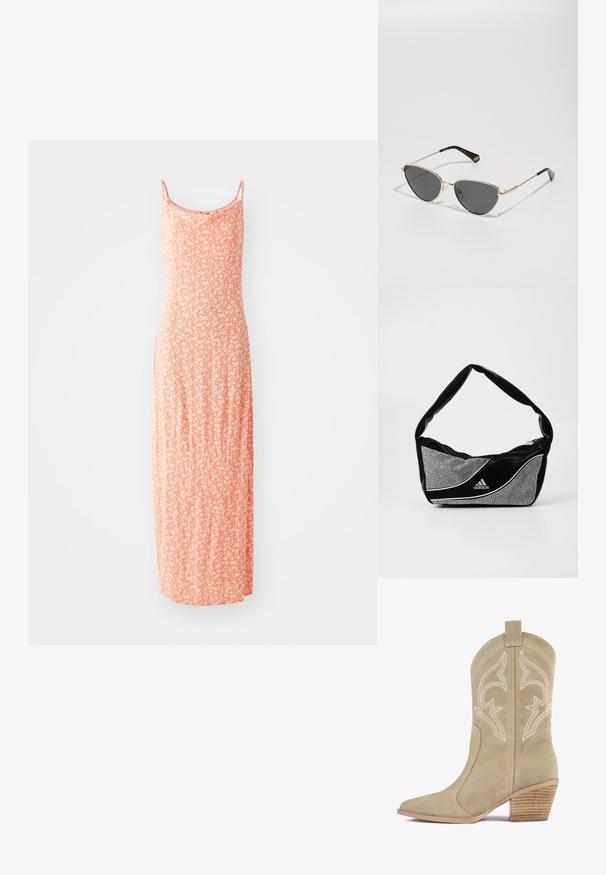 Maxikjole i blød bomuldsblanding med en lyseorange farve og hvidt blomstermønster, tynde stropper og en tætsiddende silhuet.; Beige ruskind cowboystøvle med spids tå, dekorativ hvid sying og stablet træhæle. Har en trækflap bagpå.; Sorte metalrammesolbriller med mørke linser, katteøjeform og sorte templer med en regnbueaccent på den ene side.; Sort og sølv adidas taske med en glat tekstur, prydet med et skinnende nittermønster og et karakteristisk buet design.