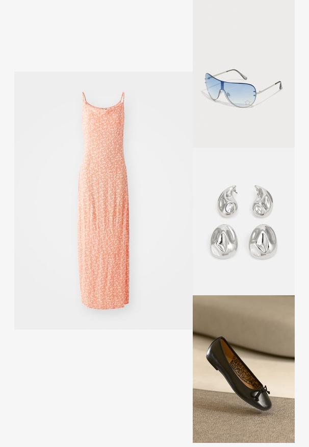 Vestido largo de suave mezcla de algodón, con un color naranja claro y un patrón floral en blanco, tirantes finos y una silueta ajustada.; Bailarina plana de cuero negro con puntera redondeada y lazo de tela, con un interior de estampado de leopardo. Textura suave y perfil delgado.; Gafas de sol tipo aviador con lentes azul degradado, montura de metal plateado y acentos decorativos de estrellas en los lentes. Diseño suave y elegante.; Pendientes de plata que presentan dos formas de lágrima y dos formas redondeadas, todas con una superficie pulida y reflectante, y una textura suave.