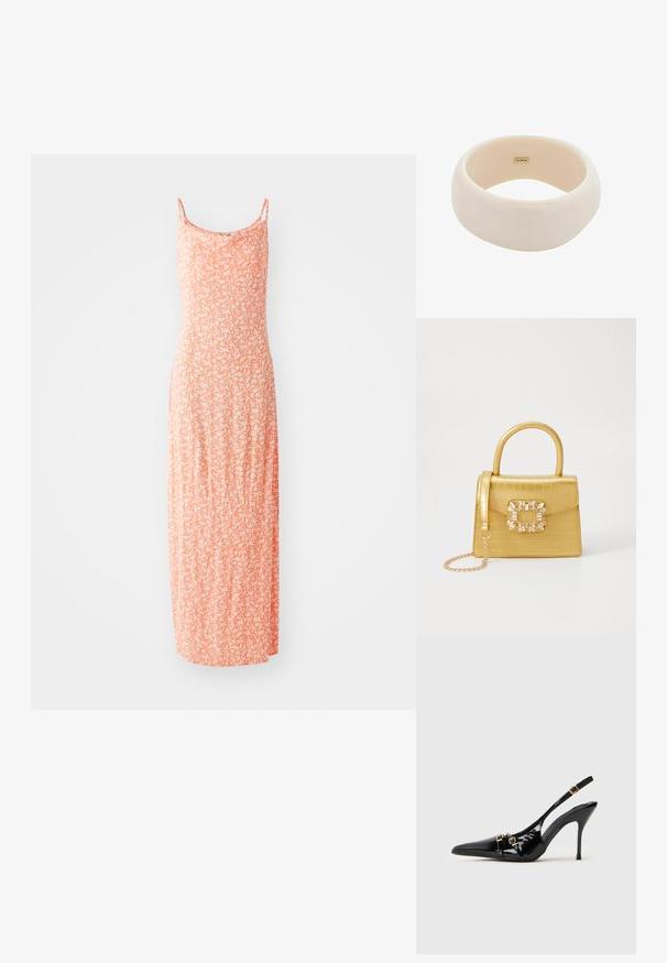 Mugavast puuvillasegust maxi kleit, millel on heleoranž värv valgete lillemustriga, õhukesed rihmad ja kehasse istuv siluett.; Must musta kõrge kontsaga slingback-kinga, millel on terav nina, kuldsed detailid ja voolav disain.; Kollane faux-krokodilli käsipindaga kott, millel on struktureeritud disain, ülemine käepide, eemaldatav kettmass ja dekoratiivne kristallkaunistus klambril.; Läikiv beez käevõru, mis on valmistatud siledast vaigust. Ümar kuju, ühtlane pind ja väike kullast logo siseküljel.