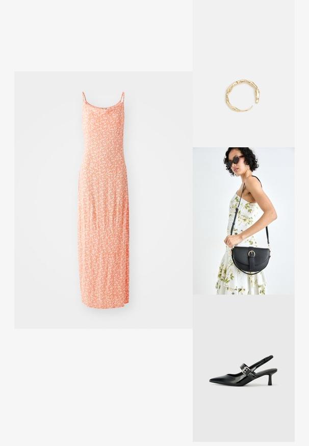 Maxikjole i blød bomuldsblanding med en lyseorange farve og hvidt blomstermønster, tynde stropper og en tætsiddende silhuet.; Sorte laker slingback hæle med spids tå og en lille blokhæl, med en sølvspændeaccent på remmen.; Sort læderhåndtaske med en buet form, aftagelig rem og guldfinish. Tasken har en klap med en spænde detalje.; Guld-tone ring med et organisk, snoet design, glat overflade og affasede ender, hvilket skaber et moderne, skulpturelt udseende.