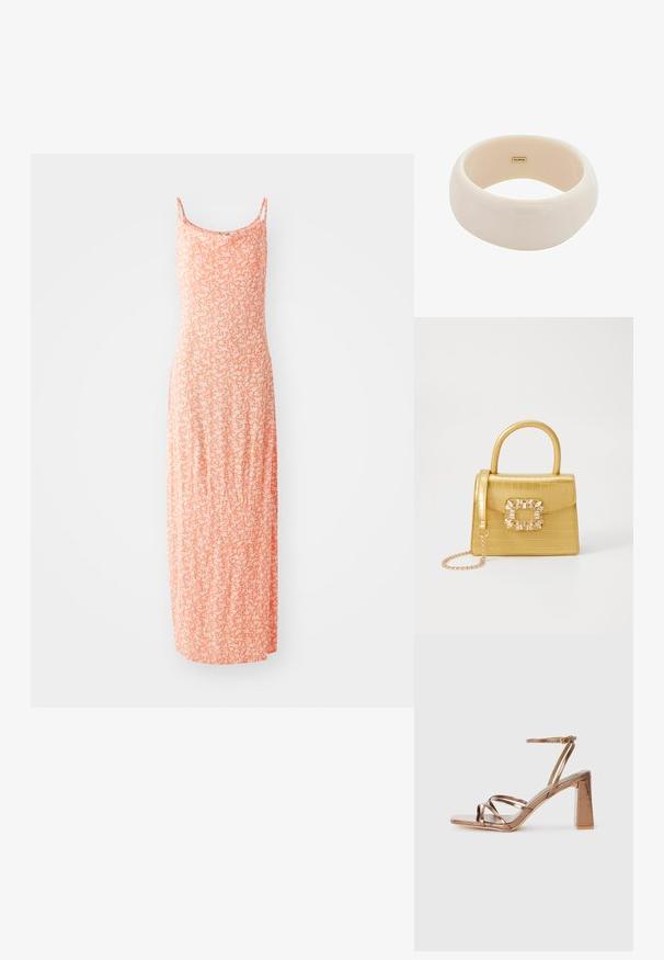 Maxi sukienka z miękkiej mieszanki bawełny, w jasnopomarańczowym kolorze z białym wzorem kwiatowym, z cienkimi ramiączkami i dopasowanym fasonem.; Brązowe sandały na wysokim obcasie z kwadratowym noskiem, cienkim paskiem na kostkę i krzyżującym się wzorem z przodu. Gładkie metaliczne wykończenie.; Żółta torebka z faux-krokodylka o wyrafinowanej konstrukcji, z górnym uchwytem, odpinanym łańcuszkiem oraz dekoracyjnym kryształowym zdobieniem na zapięciu.; Błyszczący beżowy bransoletka wykonana z gładkiej żywicy. Zaokrąglony kształt o jednolitej powierzchni i małe złote logo wewnątrz.
