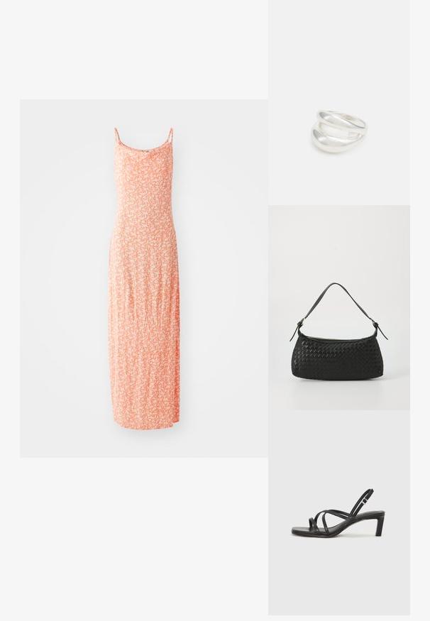 Maxi suknelė iš švelnaus medvilnės mišinio, su šviesiai oranžine spalva ir baltais gėlių raštais, plonomis petnešėlėmis ir prigludusia siluetu.; Juodi šlepetės su kvadratiniu pirštu ir žemu bloku kulnu. Yra keli ploni dirželiai ir reguliuojamas kulkšnies diržas. Pagaminti iš lygios odos.; Juodas nėriniuotas peties krepšys su lygaus odos dirželiu ir užtrauktuku. Yra tekstūruotas paviršius ir išgaubta forma.; Sidabrinis dvigubas žiedas su lygiu, poliruotu paviršiumi. Pasižymi sklandžiu, kreiptu dizainu su persipinančiomis dalimis, suteikiančiomis modernų išvaizdą.; Sidabrinis dvigubas žiedas su lygiu, poliruotu paviršiumi. Pasižymi sklandžiu, kreiptu dizainu su persipinančiomis dalimis, suteikiančiomis modernų išvaizdą.