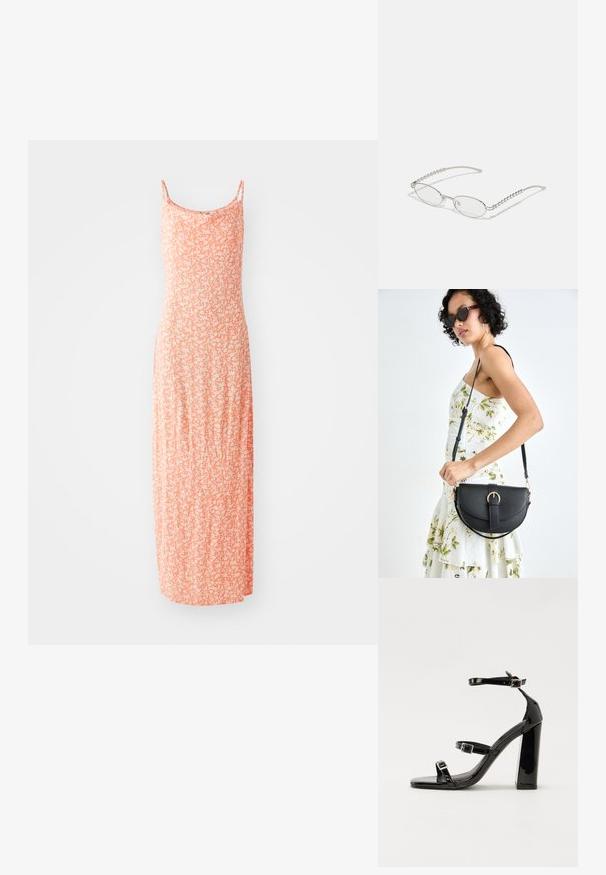 Maxikleid aus weichem Baumwollmix, in sanftem Orange mit weißem Blumenmuster, dünnen Trägern und taillierter Silhouette.; Schwarze patentierte Sandalen mit Absatz, quadratischer Spitze, Knöchelriemen und silbernen Schnallen. Mit einem stabilen Blockabsatz für mehr Stabilität.; Ovale Brillen mit einem metallisch-silbernen Rahmen, klaren Gläsern und strukturierten Perlenakzenten an den Bügeln. Leichtes Design mit gebogenen Bügeln.; Schwarze Lederhandtasche mit geschwungener Form, abnehmbarem Tragegurt und goldenen Beschlägen. Die Tasche verfügt über einen Deckel mit einer Schnallen-Details.
