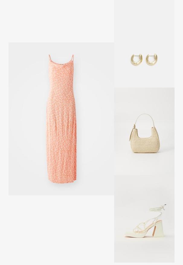 Maxi sukienka z miękkiej mieszanki bawełny, w jasnopomarańczowym kolorze z białym wzorem kwiatowym, z cienkimi ramiączkami i dopasowanym fasonem.; Biała sandał na wysokim obcasie z masywnym słupkiem, z paskowym wzorem i wiązaniem przy kostce. Gładka faktura z platformą z przodu dla dodatkowej wysokości.; Torebka z plecionego słomy w odcieniu beżowym o zaokrąglonym kształcie, z krótkim uchwytem i bocznym zamkiem błyskawicznym. Posiada teksturowaną powierzchnię i minimalistyczny design.; Złote kolczyki w formie obręczy o gładkim, wypolerowanym wykończeniu. Charakteryzują się półkolistym kształtem i bezpiecznym zapięciem na styk.