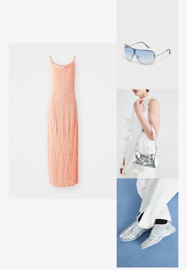 Maxikleid aus weichem Baumwollmix, in sanftem Orange mit weißem Blumenmuster, dünnen Trägern und taillierter Silhouette.; Silberne Sportschuhe mit einer glatten, glänzenden Oberfläche, die ein genähtes Design und die Nummer 90 an der Seite aufweisen, kombiniert mit weißen Hosen.; Flugzeugbrille mit einem verlaufenden blauen Glase, silbernem Metallrahmen und dekorativen Sternelementen auf dem Glas. Glattes und elegantes Design.; Silberne metallische Handtasche mit strukturierter Form, ausgestattet mit einem oberen Griff und einer Schleifenapplikation auf der Vorderseite. Glatte Textur, reflektierendes Finish.